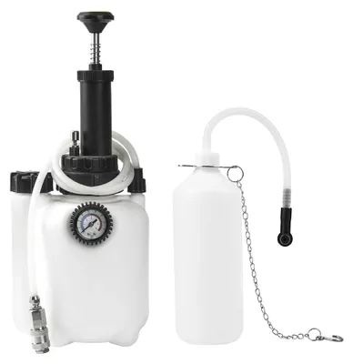 Image de Kit de purge des freins - Outil pour le remplacement du liquide de frein - Récipient de 3 litres - Flacon de remplissage de 1 litre - 4 adaptateurs pour maître-cylindre - Manomètre - Couleur : blanc