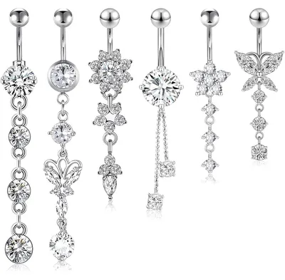 Image de Kit de piercing ombilical, 6 pièces, en acier chirurgical argenté, avec zircone