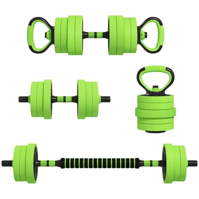 Produktbild von SPORTNOW 4-in-1 Hantelset fürs Fitnessstudio, insgesamt 40 kg, aus Kunststoff und Sand, verwendbar als Kugelhantel, Kurzhantel, Langhantel und Liegestützständer, grün