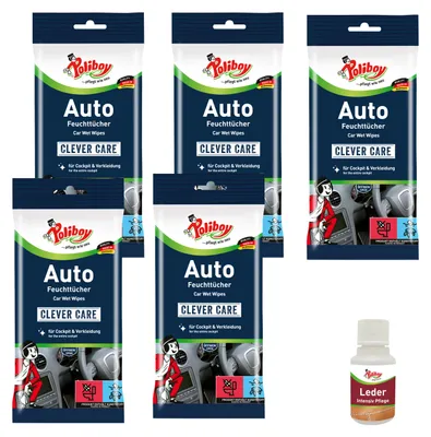 Produktbild von Poliboy Staubmeister Auto Feuchttücher - 5x20 Tücher - Inklusive Leder Probe - für eine schnelle und effektive Reinigung des Innenraums