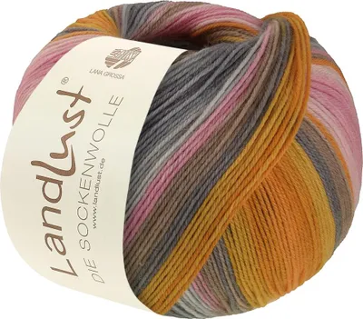 Produktbild von Lana Grossa Landlust DIE SOCKENWOLLE 100 g 4-fach Sockenwolle von Lana Grossa und Landlust 420 m Farbe 132 - Orange/Dottergelb/Lachsorange/Grau/Graubeige Gestreift