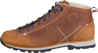 A side view of a brown hiking boot.