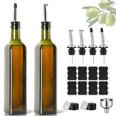 Ölflaschen-Set 2x500ml, Glas, mit Trichter, rostfreiem Deckel, Etiketten