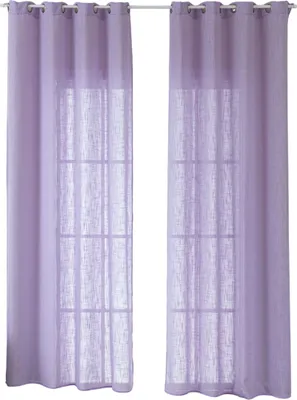 Two purple sheer curtains hanging against a white background, with a window grid pattern visible through them.