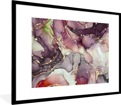 Produktbild von MuchoWow® Gerahmtes Poster Marmor - Rot - Lila - Gold 80x60 cm - Poster mit Schwarzem Bilderrahmen Wandposter Rahmen Foto Bilder - Schlafzimmer-Dekorationen - Fotoposter