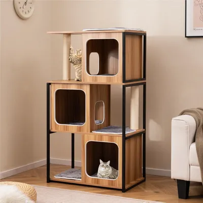 Immagine prodotto di Albero per gatti - Tiragraffi - Casa per gatti - Arredamento per gatti - Struttura per arrampicata - 3 piani con superficie per grattare