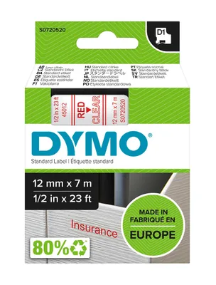 Obrázok produktu pre DYMO D1 -Standard Labels - Red on Transparent - 12mm x 7m, Červená na priehľadnej, Polyester, Belgicko, -18 - 90 °C, DYMO, LabelManager, LabelWriter 450 DUO