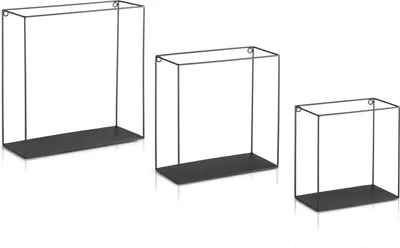 Three black metal wall shelves of varying sizes are displayed against a white background.