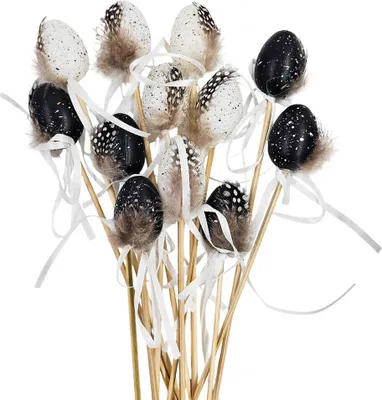 Image de Œufs décoratifs sur tige 3 x 4 cm - 12 pièces - Caille - blancs et noirs avec des plumes
