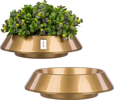Two golden planters, one with a green artificial plant, are shown against a white background.