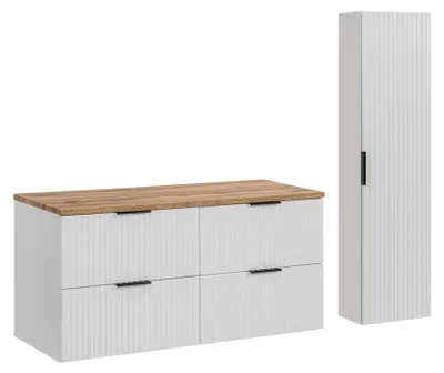 Produktbild von Badezimmer-Set NOXERA 120 cm – Hängender Waschtischunterschrank in Weiß mit Wotan-Eichenplatte für das Waschbecken und Wandkolonne