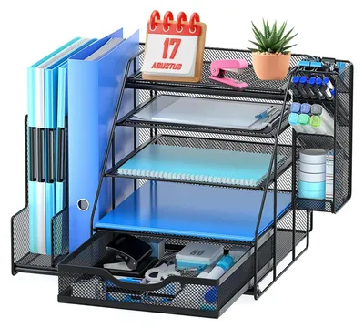 Produktbild von Schreibtisch-Organizer mit vertikalen Ablagefächern, 5 Ebenen, Stifthalter und Schublade, multifunktionales Bürozubehör für Büro, Schule und Zuhause.