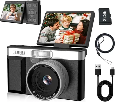 Produktbild von Kinderkamera FHD 1080P 32GB, 2,4 Zoll 180° Drehbildschirm, Digitalkamera für Kinder mit Speicherkarte, 1200mAh Akku, 5 Lernspiele, Geschenk für Mädche