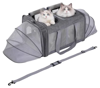 Produktbild von Große Katzentransportbox für 2 Katzen und kleine Hunde bis 15 kg mit abnehmbarem weichem Kissen (53 x 43 x 33 cm), faltbare und erweiterbare Katzentransporttasche