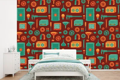 Produktbild von MuchoWow® Fototapete für Wohnzimmer oder Schlafzimmer Wandtapete Vinyl Motivtapete Muster - Retro - Werkzeuge - 525x350 cm - Das Hintergrundbild