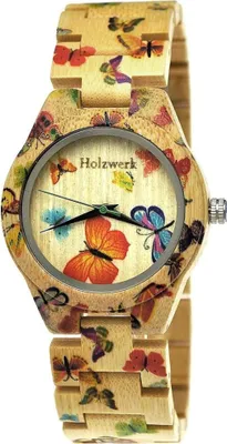 Produktbild von Holzwerk MARIPOSA Damen Holz Uhr mit Schmetterling Muster in beige & bunt