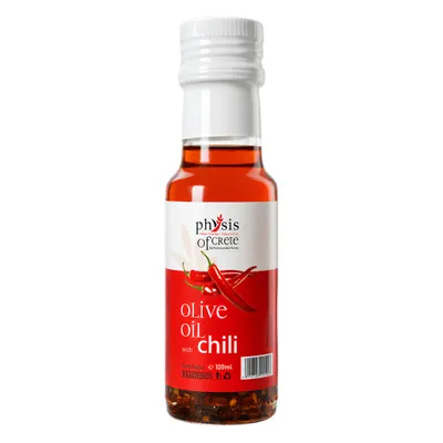 Physis of Crete Chili-Olivenöl Extra Native 100 ml Flasche auf weißem Grund