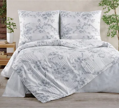 Produktbild von Bettwäsche 240x220 cm 3 teilig Set Baumwolle Bettbezug weiß mit grau Geblümt und Streifen muster Melody