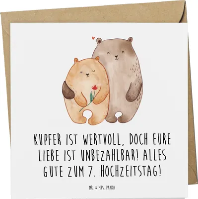 Produktbild von Mr. & Mrs. Panda Glückwunschkarte 7. Hochzeitstag Kupferhochzeit - Weiß - Geschenk, Grußkarte, faltkarte, doppelkarte, Geschenke, Jubiläum, Klappkarte, Beziehung, Heirat