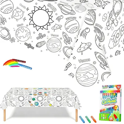 Zdjęcie produktu dla Obrus papierowy dla dzieci, motyw astronauta, wymiary 137x274 cm, zawiera 18 kredek