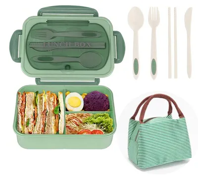 Produktbild von Bento-Box für Erwachsene - 1200 ml - auslaufsicher - auslaufsicher - mit Besteck - 3 Fächer - mikrowellengeeignet - Mit Tasche - grün