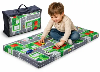 Produktbild von Arensberger Kinderreisebett Matratze 60x120 cm – faltbare Baby- & Kindermatratze mit Stadtmotiv, Nanocell Gelschaum, abnehmbarer Bezug & Tragetasche