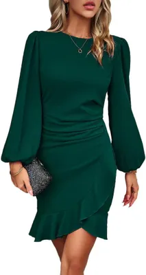 Produktbild von Kleid für Damen mit langen, voluminösen Ärmeln, rundem Ausschnitt und Rüschen, tailliert geschnitten, in Grün