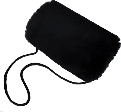 A black faux fur hand warmer with a strap on a white background.
