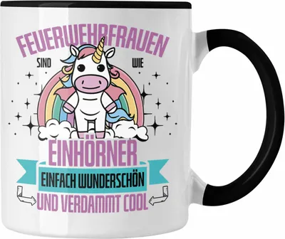 Produktbild von Trendation - Lustige Feuerwehrfrau Tasse Geschenk für Frauen in der Feuerwehr Einhörner (Schwarz)