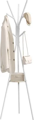 A white coat rack with a beige jacket, a beige handbag, and a beige cap hanging on it. There is also a beige storage box on a shelf.