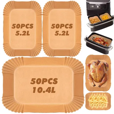 Produktbild von 150 Stück Backpapier für Heißluftfritteusen, Backpapier für Heißluftfritteusen, kompatibel mit AF500EU, AF500EUCP, COSORI Dual Blaze TwinFry XXL 10L, 100 Stück für 5,2L, 50 Zubehörteile für 10,4L und 10L Heißluftfritteusen
