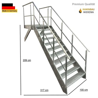 Obrázok produktu pre Podestové schody Wangen – oceľové schody 11 schodov Výška 209 cm vrátane podesty 100 x 100 cm s pozinkovaným zábradlím Umiestnenie schodov Vpredu (predné) Vonkajšie schody