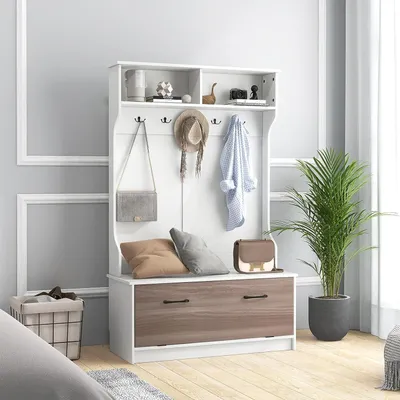 Produktbild von Garderobenstaender mit Schuhbank, Garderobe mit Aufbewahrungsbank & 5 Haken & Faechern, moderner Eingangsmoebel, für Flur, Schlafzimmer, Wohnzimmer, 100 x 40 x 160 cm (weiss)