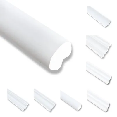 A collection of white decorative molding profiles against a white background.