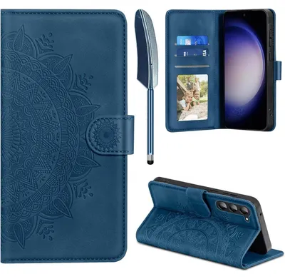Obrázok produktu pre Obal na mobilný telefón typu "flip wallet" z umelého koženého materiáluPolyuretánpre Samsung Galaxy S23 5G, tmavomodrej farby, s priehradkami na karty a funkciou stojanu