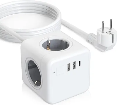 Produktbild von 7-in-1 Steckdosenwürfel - 4-fach - Mehrfachsteckdose - 3680 W/16 A - 2 USB-A + 1 USB-C - Für Büro, Zuhause und Reisen