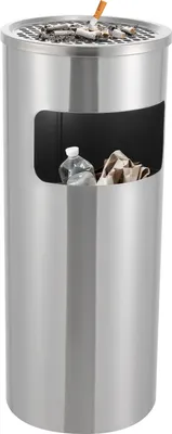 A stainless steel outdoor trash can with an integrated ashtray.
