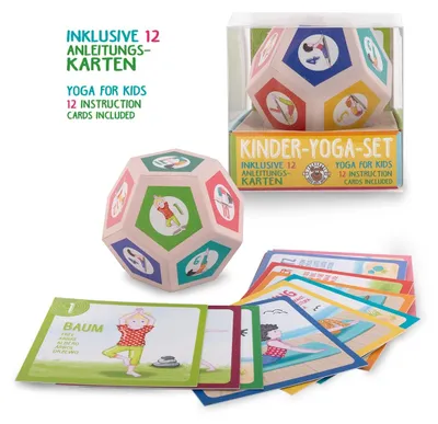 Produktbild von Buntes Yoga-Würfel-Set für Kinder, 12-seitig mit Yogapositionen & Anleitungskarten