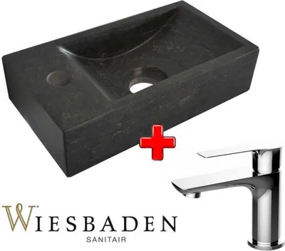 Zdjęcie produktu dla Zestaw 2 w 1 Wiesbaden: CASMA, bateria umywalkowa chromowana + mała umywalka kamienna, B-STONE XS, 36 x 18 cm, HERGESTELLT, LEWO