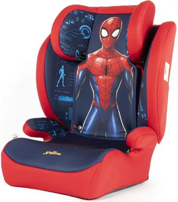 Produktbild von Tataway Marvel Spiderman Autositz für Kindersicherheit mit einer Körpergröße von 100 bis 150 cm mit Grafiken des Superhelden Spiderman auf einem rot-blauen Hintergrund
