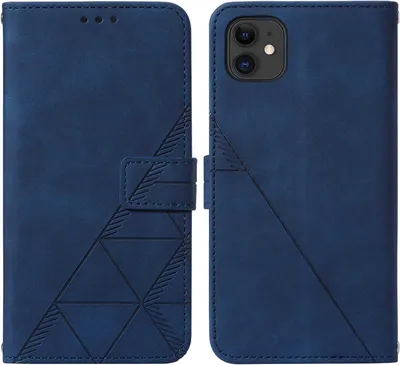 A blue flip phone case for an iPhone 11 is shown open, displaying the interior and exterior of the case.