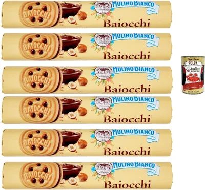 Produktbild von Mulino Bianco Baiocchi Biscotti Snack Farciti con Crema alla Nocciola e Cacao, Snack Kekse mit Haselnusscreme und Kakao gefüllt, 6x 168 g + Italian Gourmet polpa 400g
