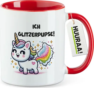Produktbild von Huuraa Kaffeetasse Ich Glitzerpupse Einhorn 330ml Rot Keramik Kaffeebecher Geschenkidee