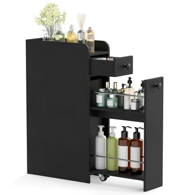 Zdjęcie produktu dla COSTWAY Szafka niszowa na kółkach, szafka łazienkowa z otwartą półką i 2 szufladami, wózek niszowy wąski, 18x40x70 cm (czarny)