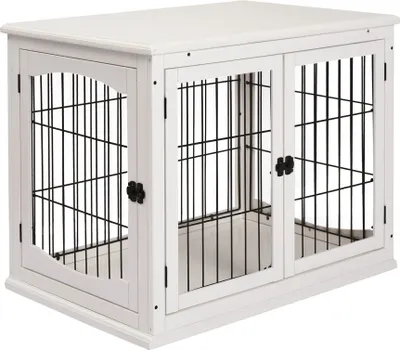 Immagine prodotto di Cuccia per cani Casetta per cani Box per il trasporto Gabbia per animali di piccole dimensioni per interni 81 x 58,5 x 66 cm in MDF e metallo di colore bianco, ideale per animali domestici