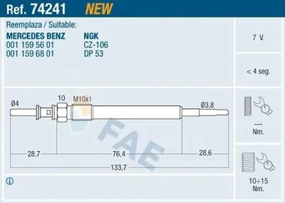 Obrázok produktu pre FAE 74241 Dieselová žeravia sviečka vhodná pre MERCEDES-BENZ trieda C Limuzína (W204) M10x1