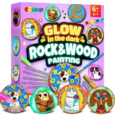 Produktbild von Bastelset Steine und Holzscheiben bemalen für Kinder mit Nachtleuchtfarben und Glitzerkleber, ab 6 Jahren