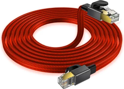 Produktbild von Flaches Netzwerkkabel 2m Cat 8 LAN Kabel Ethernet RJ45 40Gbps 2000MHz für Gaming PC Laptop Router PS5 Xbox Rot Nylon Geflochten Reagle