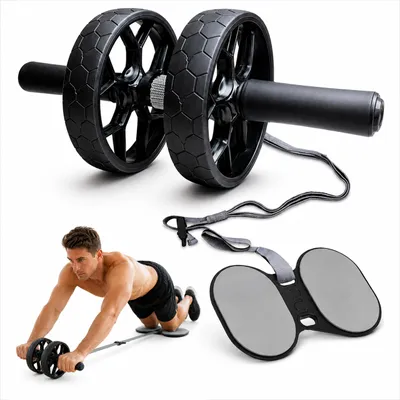 Produktbild von Relaxdays Bauchroller, Hilfsband, Kniematte, 2 Rollen, Bauchmuskeltraining, rutschfest, Bauchtrainer, Coretraining, grau
