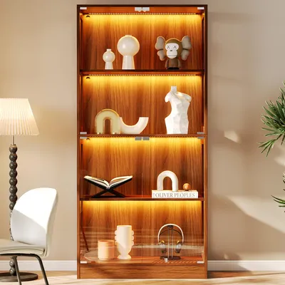 Productafbeelding van Flieks LED-vitrine met 4 niveaus opbergruimte, LED-verlichting bedienbaar via app, glazen displayvitrine, deuren met "push-to-open" mechanisme, afmetingen 80x35x170 cm, walnootkleur